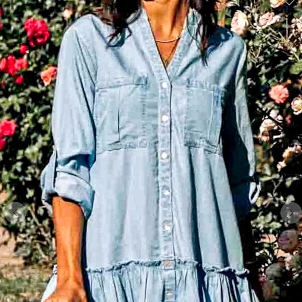 M Light Blue Mazik Button Down Distressed Denim Shirt Dress/Tunic 100% Cotton